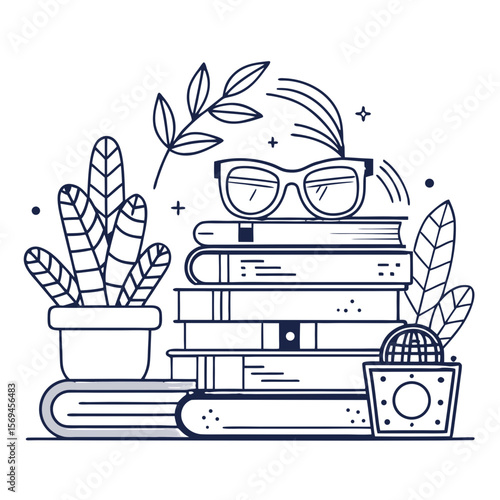 Cozy Library Line Art – Books & Reading Glasses PNG (Transparent Background)