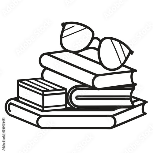 Cozy Library Line Art – Books & Reading Glasses PNG (Transparent Background)