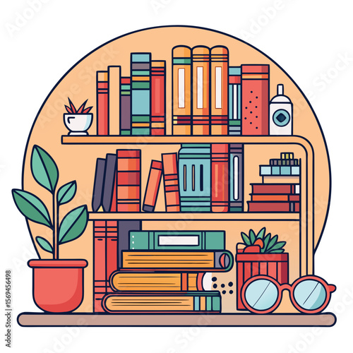 Cozy Library Line Art – Books & Reading Glasses PNG (Transparent Background)