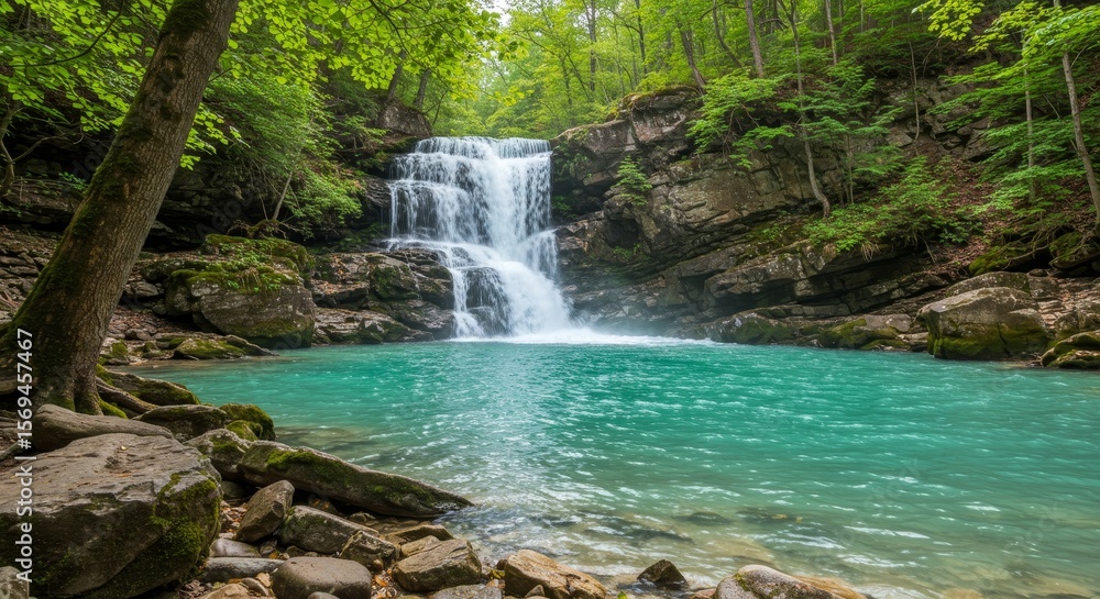 Naklejka premium Serene Waterfall in Lush Green Forest