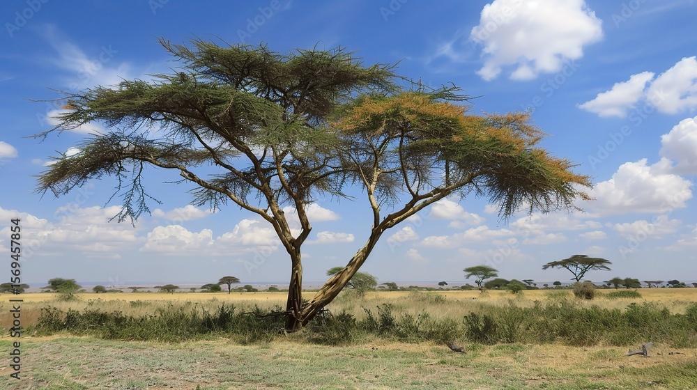 Close-up of an acacia tree with delicate yellow flowers clustered on branches, showcasing its feathery green leaves, thorny stems, and graceful canopy in a savanna, garden, or park setting under sunli Close-up of an acacia tree with delicate yellow flowers clustered on branches, showcasing its feathery green leaves, thorny stems, and graceful canopy in a savanna, garden, or park setting under sunli