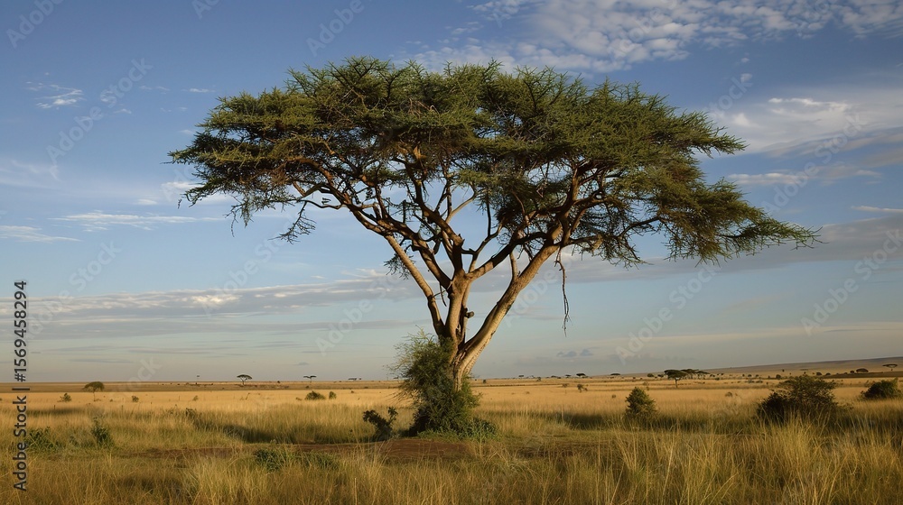 Close-up of an acacia tree with delicate yellow flowers clustered on branches, showcasing its feathery green leaves, thorny stems, and graceful canopy in a savanna, garden, or park setting under sunli Close-up of an acacia tree with delicate yellow flowers clustered on branches, showcasing its feathery green leaves, thorny stems, and graceful canopy in a savanna, garden, or park setting under sunli