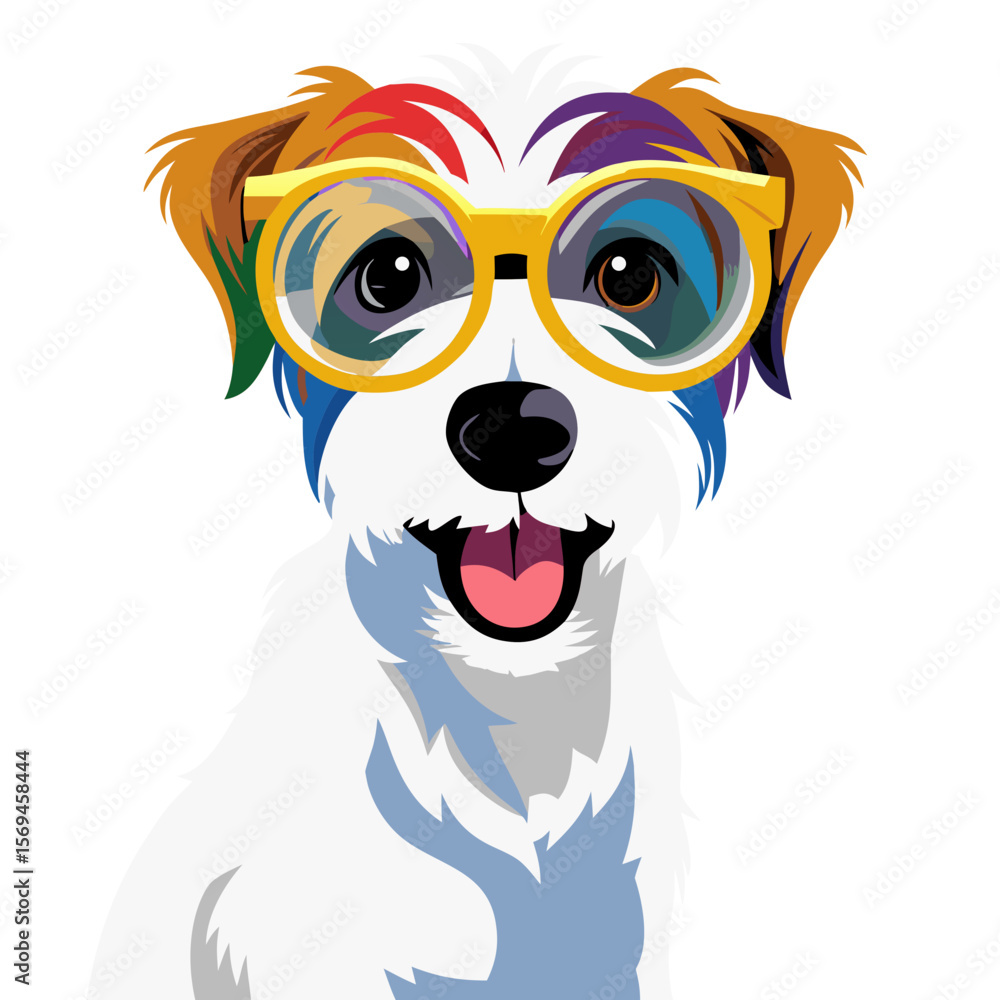 Obraz premium Adorable dog wearing glasses in a modern colorful vector illustration style, transparent background