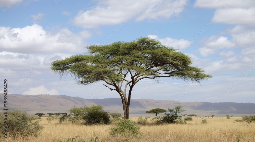 Close-up of an acacia tree with delicate yellow flowers clustered on branches, showcasing its feathery green leaves, thorny stems, and graceful canopy in a savanna, garden, or park setting under sunli Close-up of an acacia tree with delicate yellow flowers clustered on branches, showcasing its feathery green leaves, thorny stems, and graceful canopy in a savanna, garden, or park setting under sunli