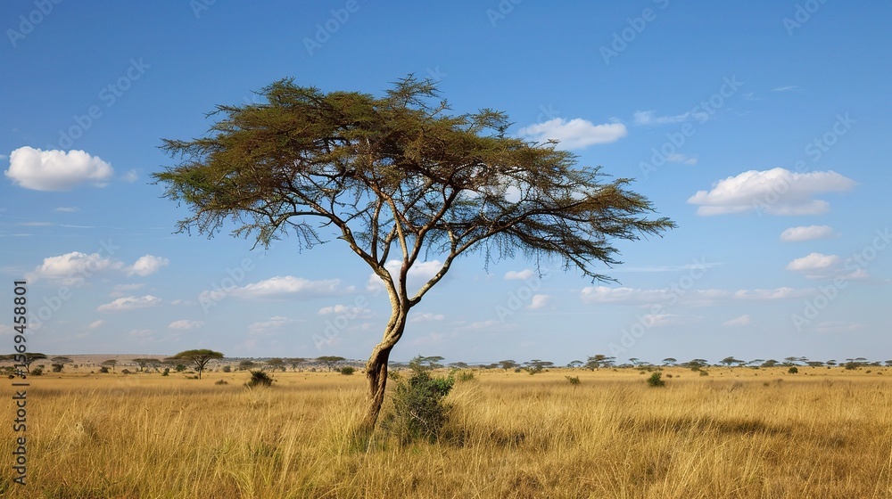 Close-up of an acacia tree with delicate yellow flowers clustered on branches, showcasing its feathery green leaves, thorny stems, and graceful canopy in a savanna, garden, or park setting under sunli Close-up of an acacia tree with delicate yellow flowers clustered on branches, showcasing its feathery green leaves, thorny stems, and graceful canopy in a savanna, garden, or park setting under sunli