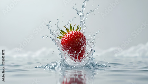 A Strawberry fall into the water creating an aesthetic splash