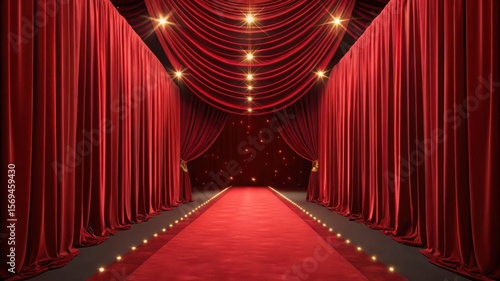 Elegant red carpet entrance with draped curtains and lights