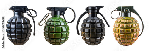 Collection of Photorealistic fragmentation grenade on a transparent background, showcasing its destructive potential