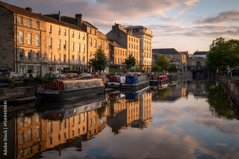 Obraz premium Sunset canal scene with boats, historic architecture, and shimmering reflections.