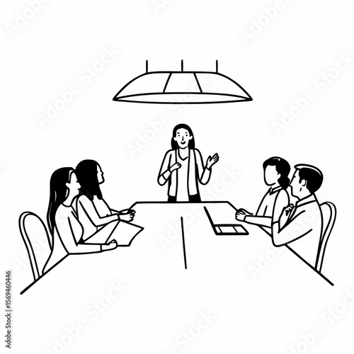Ambitious female employee speaking at diverse meeting