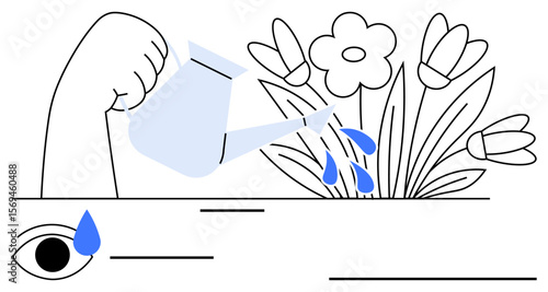 Hand pouring water onto blooming flowers with a watering can, tear drop imagery evokes emotions of care, growth, and renewal. Ideal for empathy, self-care, resilience, gardeners, sustainability