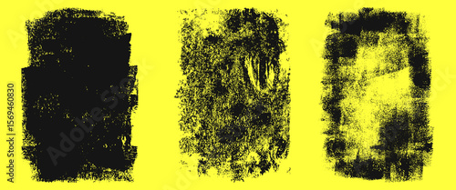 Linocut, relief printing, letterpress rectangle A4 shapes rough textures set, collection. Black linocutting textured backgrounds, text frames. Paint roller geometric stains, lino ink grungy remains