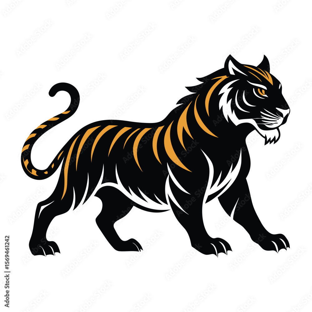 Obraz premium Walking Tiger Silhouette Vector – Fierce Jungle Animal in Motion
