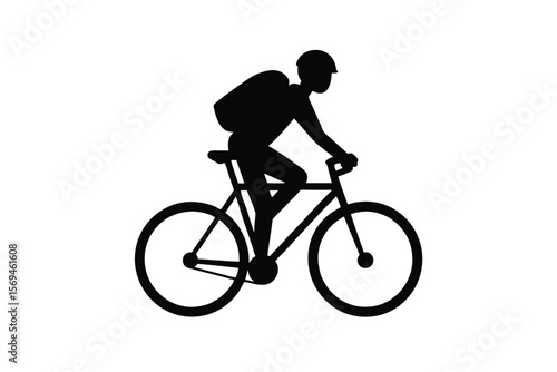 Silhouette of a cyclist with helmet and backpack on bicycle