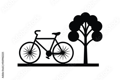 Black and White Bicycle and Tree Silhouette Illustration on White