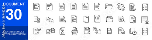 Editable Line Document Icons Set – File, Report, Checklist, Folder, Text, and Data Management Vector Symbols