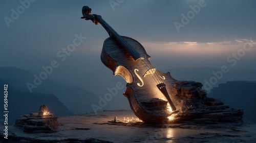 Fantasy art violin sculpture at twilight on a dramatic cliff
