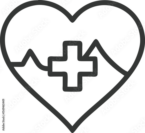line art icon of a heart with a medical cross in the center