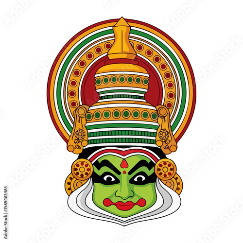 Illustration of kathakali face with elaborate headdress and circular backdrop on a black background