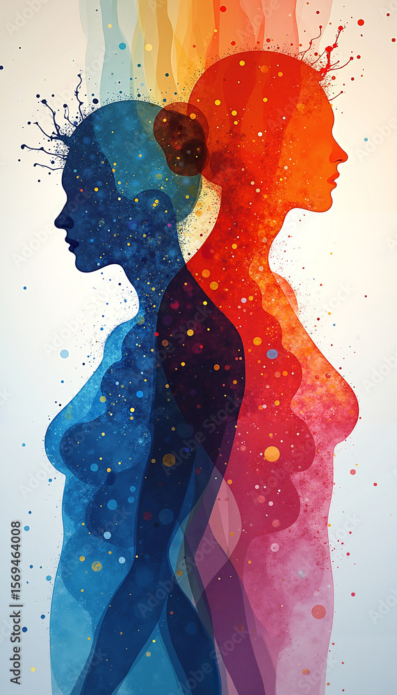 Fototapeta premium Abstract silhouettes of women in blue and red with paint splashes 