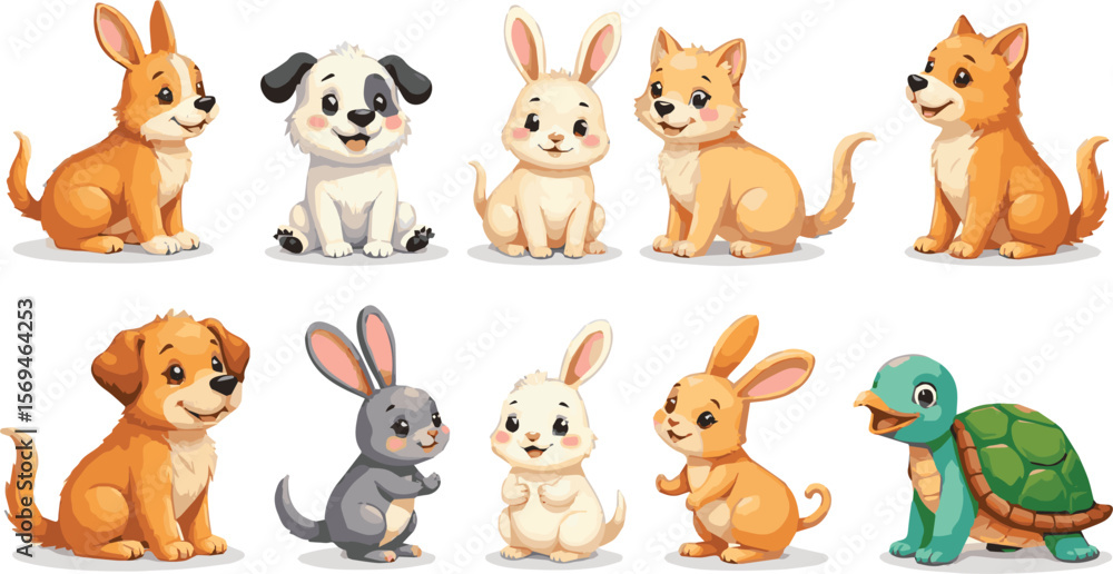 Naklejka premium Create a Cute pet doodle vector set. Cartoon animals characters design collection with dog, cat, bird, fish, rabbit, rat, turtle in different poses .vector art with white background.