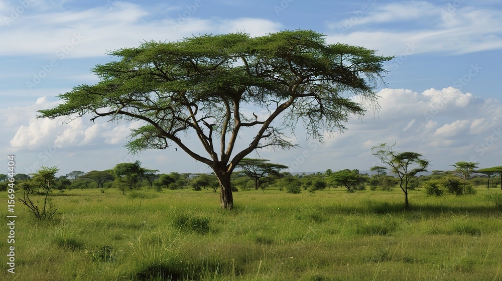 Close-up of an acacia tree with delicate yellow flowers clustered on branches, showcasing its feathery green leaves, thorny stems, and graceful canopy in a savanna, garden, or park setting under sunli Close-up of an acacia tree with delicate yellow flowers clustered on branches, showcasing its feathery green leaves, thorny stems, and graceful canopy in a savanna, garden, or park setting under sunli