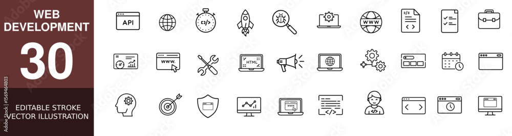 Fototapeta premium Web Development Editable Line Icons Set – Minimal Stroke Style Symbols for Coding, UI/UX, Responsive Design, API, and Software Tools