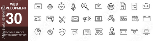 Web Development Editable Line Icons Set – Minimal Stroke Style Symbols for Coding, UI/UX, Responsive Design, API, and Software Tools