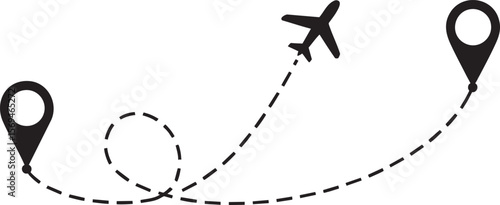Streamlined Air Transport Route Visualization with Plane Icon and Location Markers on Clear Background for Modern Navigation and Global Connectivity Designs