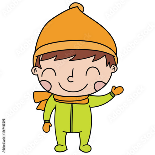 Hand drawn cartoon cute little caucasian boy in winter clothes on white background.
