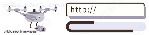 Drone with attached camera near URL bar highlights concepts of online security, data surveillance, and technology. Ideal for cyber safety, hacking, internet privacy, data monitoring, spying, tech