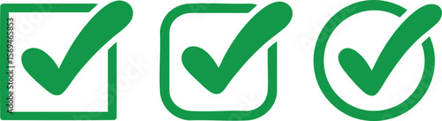 Affirmative Assurance A Trio of Green Check Marks in Square and Circular Frames on a Transparent Canvas Representing Approval Confirmation and Positive Validation