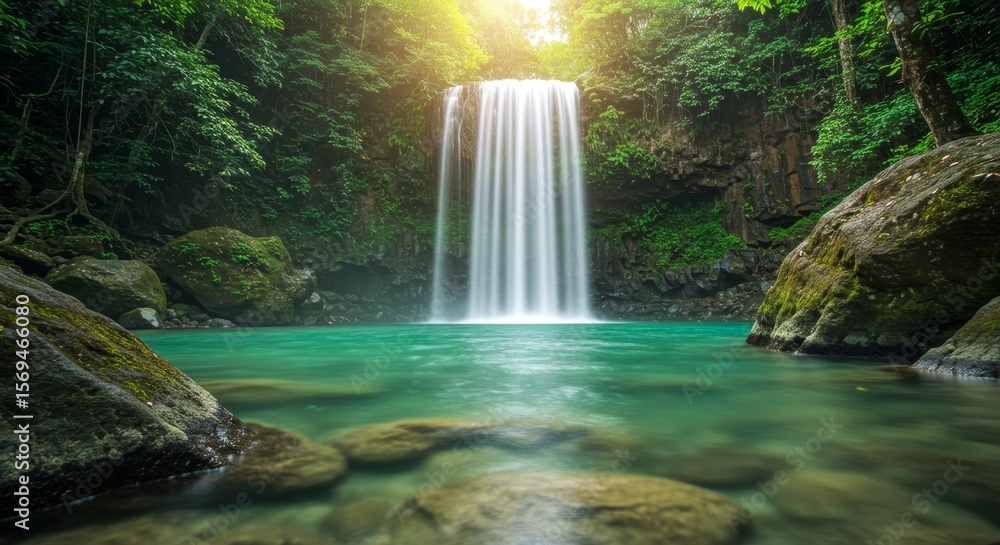 Fototapeta premium Serene Waterfall in Lush Tropical Paradise