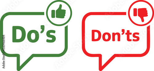 Do's and Don'ts Speech Bubbles with Thumbs Up and Down Icons: Green for Positive, Red for Negative on Transparent Background for Guidelines and Instructions