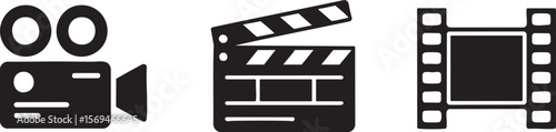Film Industry Icons: Camera, Clapperboard, and Film Reel on Transparent Background for Filmmaking, Production, and Visual Media Projects