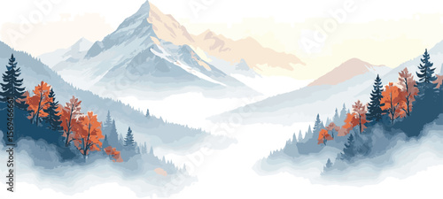 Golden mountain line art landscape on a white background, luxury design for cover, invitation, packaging, fabric, and print. Vector art, sunny day, summer.