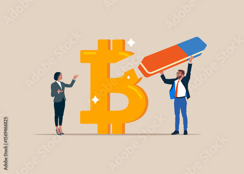 Businessman with eraser removed Bitcoin symbol. Finance risk problem and Global economic money problem, Bankruptcy unpaid loan debt, investment failure. Flat vector illustration