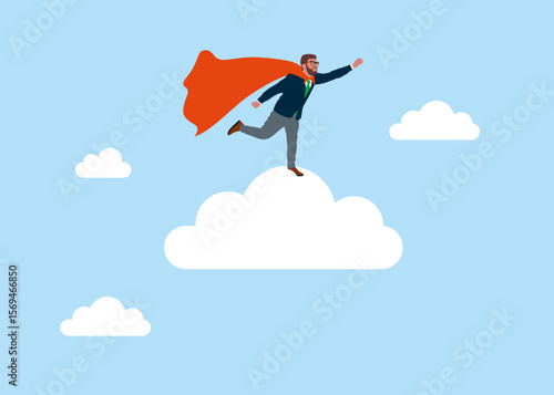 Superhero dreamer stands on cloud. Solve business problem. Modern vector illustration in flat style