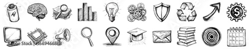 Set of sketch-style business, education and tech icons in black and white