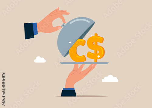 Open silver cloche to see Canadian currency symbol dollar. Savings, Collecting Money in Account, Open Bank Deposit. World economic vision for business, technology, investment. Flat vector illustration