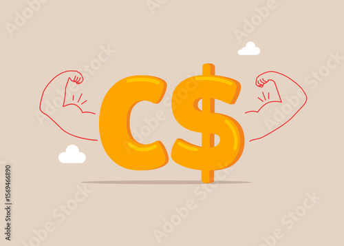 Financial and investment growth. Sign Canadian Dollar money doing strong gesture. Money power. High esteem. Flat vector illustration