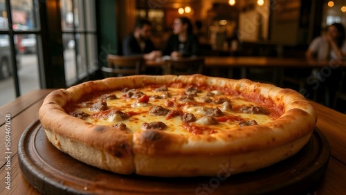 Wallpaper Mural A delicious-looking pizza sits on a wooden board in a cozy restaurant setting with blurred background patrons. Torontodigital.ca