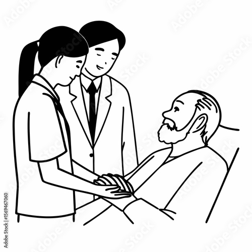Close up caring nurse holding smiling mature patient hand at meeting in hospital, doctor caregiver wearing uniform comforting and supporting senior man, good news about treatment, empathy and care