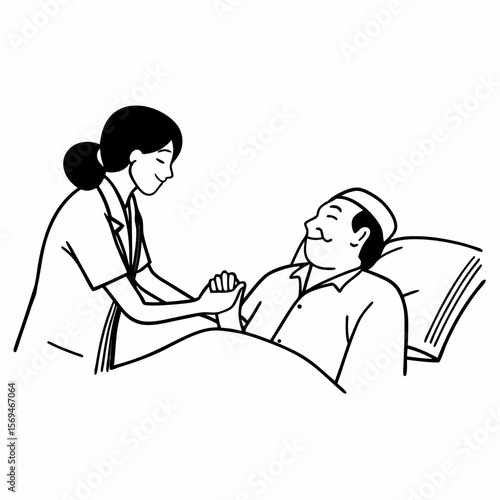 Close up caring nurse holding smiling mature patient hand at meeting in hospital, doctor caregiver wearing uniform comforting and supporting senior man, good news about treatment, empathy and care