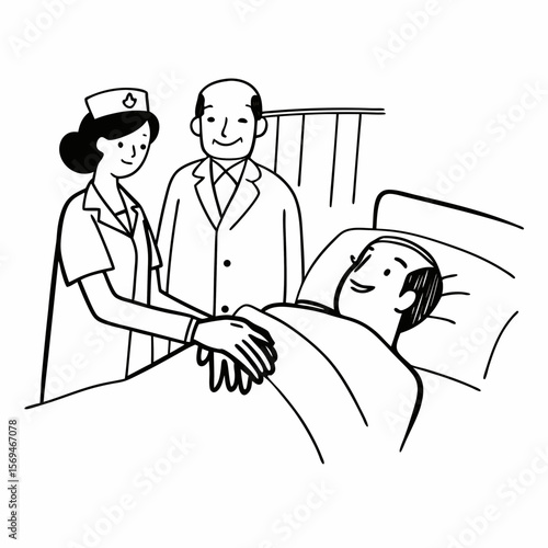 Close up caring nurse holding smiling mature patient hand at meeting in hospital, doctor caregiver wearing uniform comforting and supporting senior man, good news about treatment, empathy and care