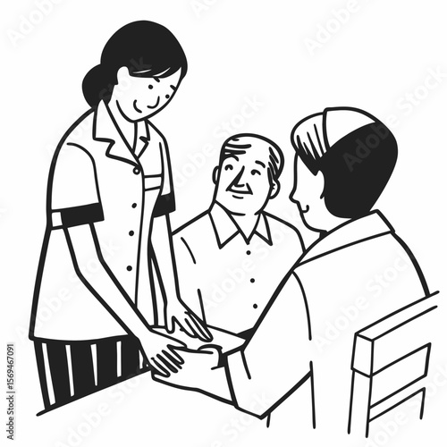 Close up caring nurse holding smiling mature patient hand at meeting in hospital, doctor caregiver wearing uniform comforting and supporting senior man, good news about treatment, empathy and care
