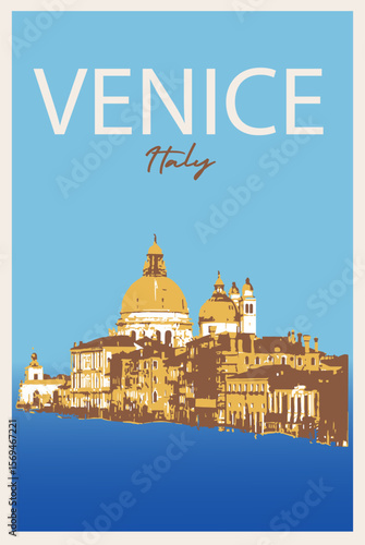 Venice illustration.  An urban colourful landscape canal, gondola, gondolier in Venice, Italy. Banner, poster design.