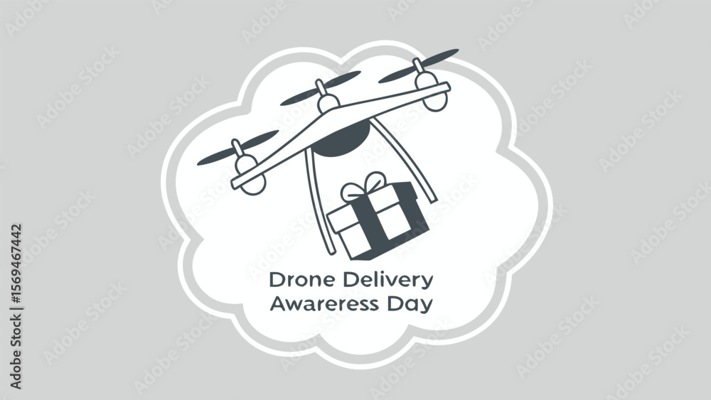Modern minimalist graphic illustrating Drone Delivery Awareness Day; a drone delivers a gift, showcasing efficient, futuristic package transport and e-commerce innovation. Modern minimalist graphic illustrating Drone Delivery Awareness Day; a drone delivers a gift, showcasing efficient, futuristic package transport and e-commerce innovation.