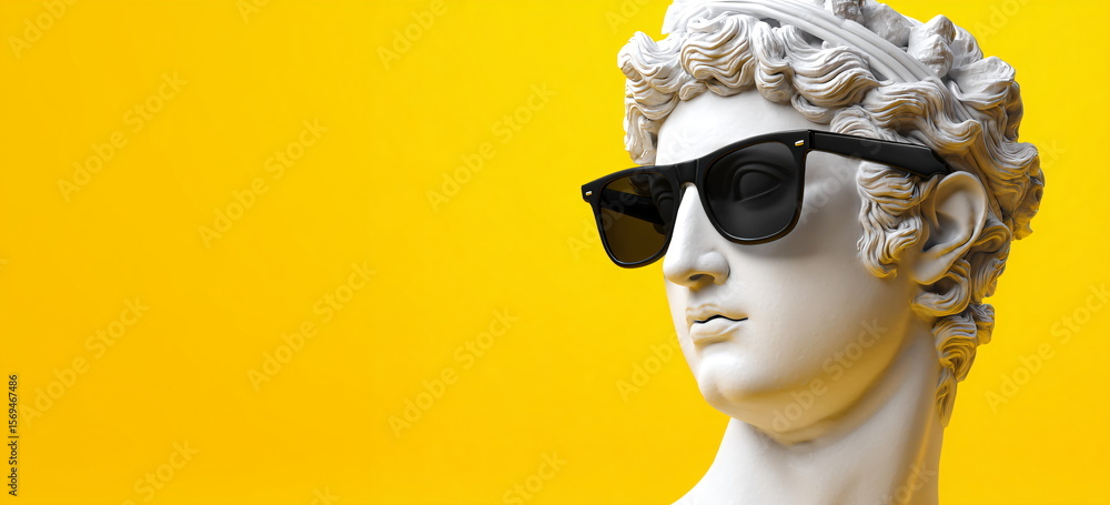 Sculpture of a male Apollo bust with black sunglasses on a bright yellow background. Modern art concept with roman bust.