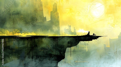 Panel kuchenny z motywem Dreamlike vista: solitary figure overlooking a hazy cityscape in muted tones creating an